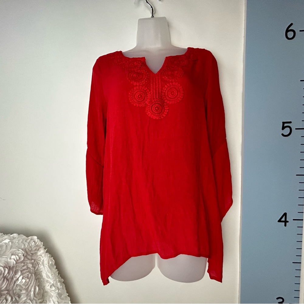 Counterparts‎ Bright Red Crochet Lace Collar Blouse Small